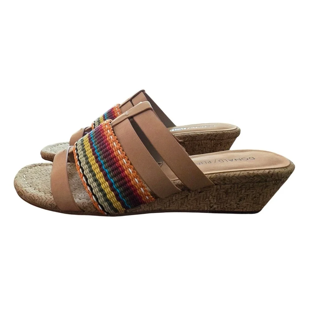 Donald Pliner Womens 7.5M Tan Multi Color Woven Leather Cork Wedge Sandals Italy